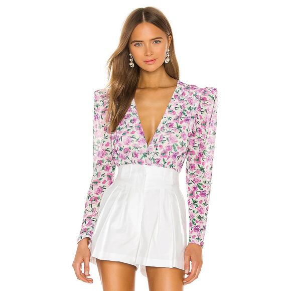 IORANE NWOT Revolve Mini Pink Floral Tulle Puff Shoulder Sheer Mesh Bodysuit XS - Picture 1 of 10